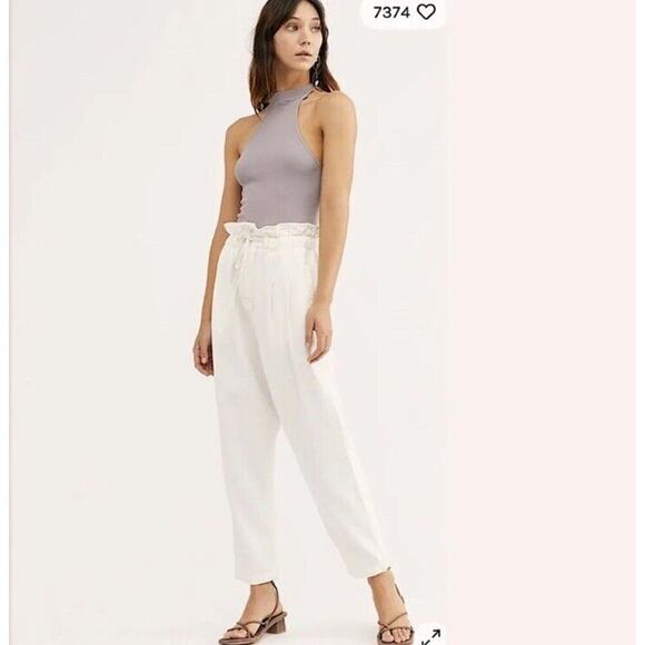 Free People Margate Pleated Elastic Waist Paper bag Trouser Pants White Medium - Picture 6 of 8